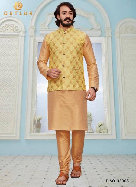 Yellow Colour Latest Design Festive Wear Art Silk Digital Printed Kurta Pajama With Jacket Mens Collection 33005